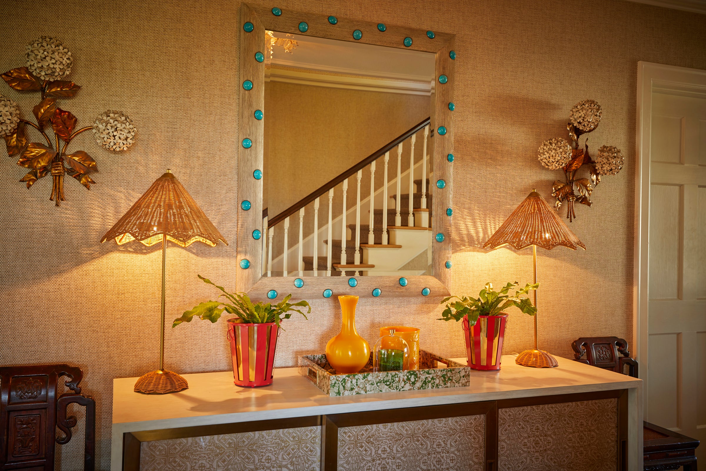 oak mirror, oak, turqoise beads, mirror