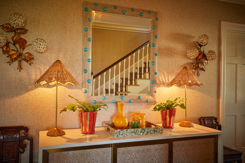 oak mirror, oak, turqoise beads, mirror